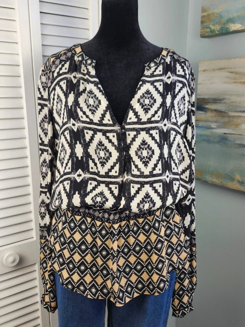 Hale Bob 100% Silk Top size M Geometric Semi‑Sheer V‑Neck Drawstring Waist